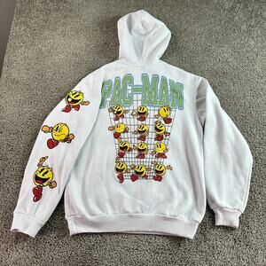 Pac Man Hoodie Mens Small White Bandai Retro Video Game Pullover Sweatshirt*
